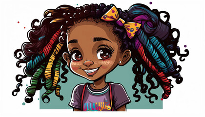 smiling African American little girl , digital illustration, stickers, isolated 
