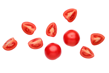 Top view of fresh tomatoes - whole and cut on quarters