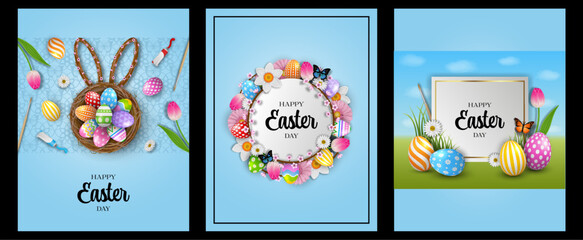 Obraz na płótnie Canvas set of easter cards with flowers and colorful eggs. decorated eggs in a nest with bunny ears. round frame with flowers and eggs. white and gold label with easter eggs on spring landscape
