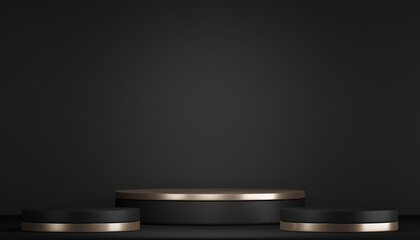 Fashion product background and stand black podium display with blank backdrops.