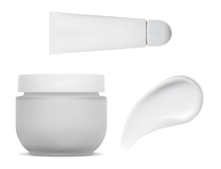 Cosmetic set of cream jar, moisture texture, serum tube. Body creme or butter packaging blank for brand design. Skin care product template, foundation gel stroke, realistic plastic tube