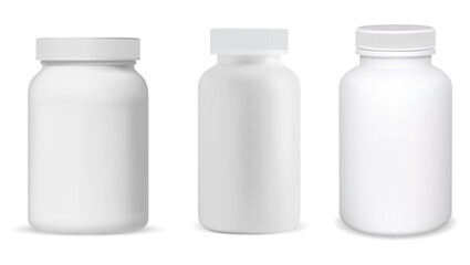 Medicine pill bottle. Supplement bottle vector mockup. White drug container design. Capsule cure jar template, pharmaceutical medication packaging illustration. Medicament tablet product