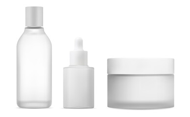 Lotion bottle, cream jar. Beauty cosmetic package design. Realistic serum container blank. Body skin moisturizer gel jar, clear small pack for branding. Set of cosmetics product