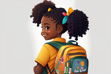 smiling African American with school backpack , digital illustration, stickers,isolated on clear background,