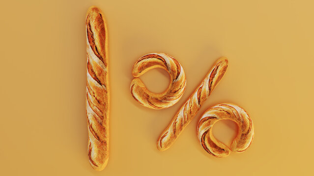 3D render of golden french baguettes forme one percent sign on yellow background, special offer concept