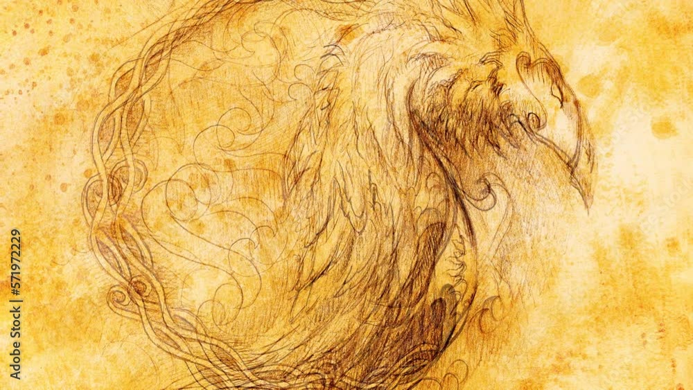 Poster drawing of ornamental animal on old paper background and sepia color structure. loop animation.