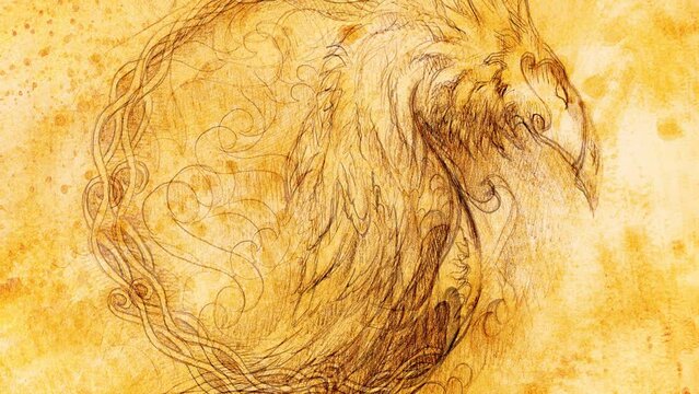 drawing of ornamental animal on old paper background and sepia color structure. Loop Animation.