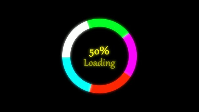 Loading circle animation . process loading bar, gradient color rotating ring spinning with 0 to 100 load on a black background