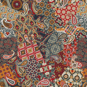 Paisley arabesque damask fabric patchwork vintage vector seamless pattern