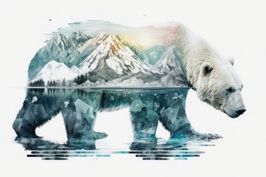 Double exposure of a polar bear in the Arctic and a frozen snow-covered mountain landscape. Generative AI illustration.