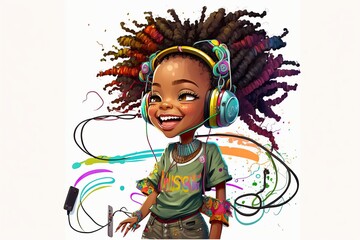 Fototapeta premium smiling African American little girl with headphone, digital illustration, stickers,isolated 