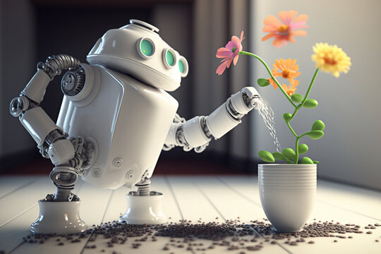 The robot is watering flowers in a flower pot at home .Assistant robot concept. AI generative