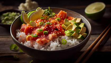 A bowl of Hawaiian poke with rice, fresh salmon and avocado generative AI