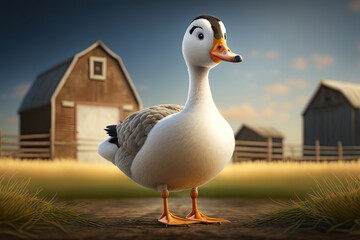Cute Cartoon Goose on a Farm (Created with Generative AI) - obrazy, fototapety, plakaty
