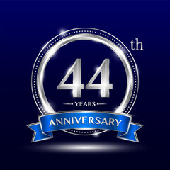 44th Anniversary logo with retro style, silver color ring design and blue ribbon for anniversary celebration event. Logo Vector Template