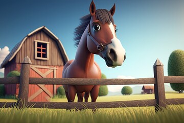 Cute Cartoon Horse on a Farm (Created with Generative AI) - obrazy, fototapety, plakaty