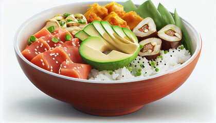 A bowl of Hawaiian poke with rice, fresh salmon and avocado generative AI