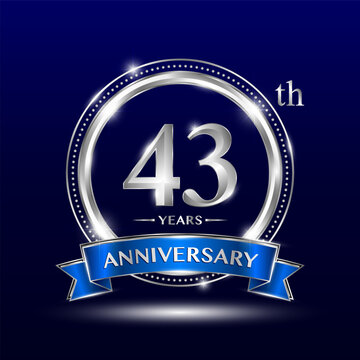43th Anniversary logo with retro style, silver color ring design and blue ribbon for anniversary celebration event. Logo Vector Template