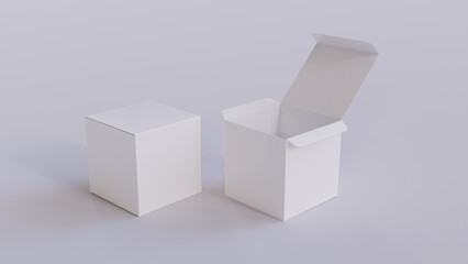 Square packaging box. Isolated Cardboard packaging. 3D illustration of the box. opened and closed white box on white background  
