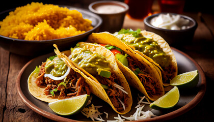 A plate of Mexican tacos with shredded beef, cheese and guacamole generative AI
