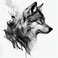 tattoo portrait of a wolf on a white background Generative AI
