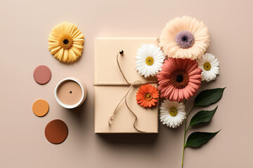 Gift box with a bow made of rope and beautiful bright gerberas on a delicate beige background