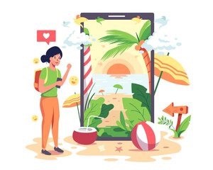 Fototapeta premium Girls go to the Internet to find and book beachside accommodations with their mobile phones.