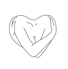 Vector isolated heart shaped woman body hugging shoulders with hands colorless black and white contour line easy drawing