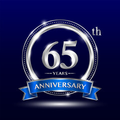 65th Anniversary logo with retro style, silver color ring design and blue ribbon for anniversary celebration event. Logo Vector Template