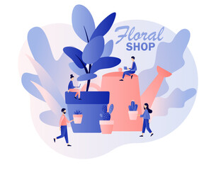 Floral shop. Florist concept. Flower pots. Floristic business. Flower delivery. Modern flat cartoon style. Vector illustration on white background