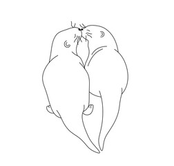 Vector isolated two pair kissing otters back view colorless black and white contour line easy drawing
