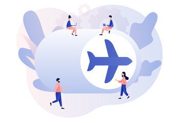 Airplane mode concept. Tiny people and big flight mode button. Info notification in air plane. Modern flat cartoon style. Vector illustration on white background