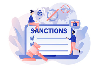 Economic sanctions on laptop screen. Protect International law. Country peace and security. Political concept. Limit, ban or stop trading. Modern flat cartoon style. Vector illustration 