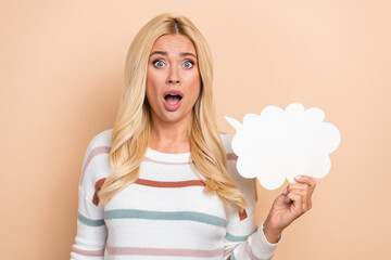 Photo of scared woman open mouth blonde hair surprised unexpected panic hold paper cloud empty...