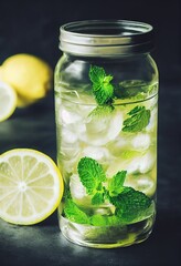 Lemonade drink of soda water lemon and mint leaves