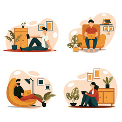bundle with lifestyle of people at home cartoon vector
