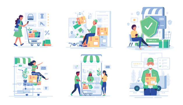 bundle people enjoy shopping in cartoon character vector