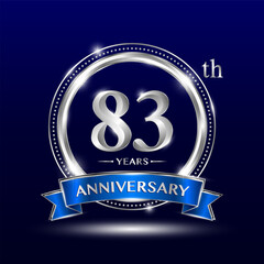 83th Anniversary logo with retro style, silver color ring design and blue ribbon for anniversary celebration event. Logo Vector Template