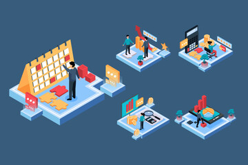 Two business people with calendar and work time Isometric vector