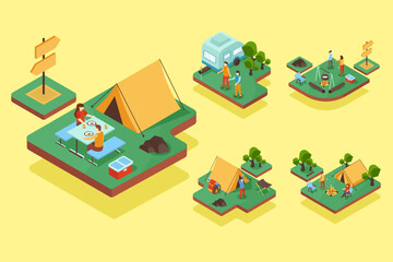 Isometric vector illustration vacation and camping concept