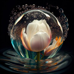 a beautiful white tulip flower swimming in translucent pink water generative ai 