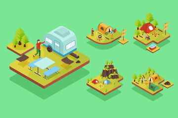 Isometric vector illustration vacation and camping concept