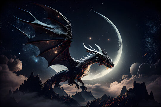 Illustration montrant un dragon entrain de voler à 2000 mètres d'habitude, à l'arrière plan se cache un croissant de lune
