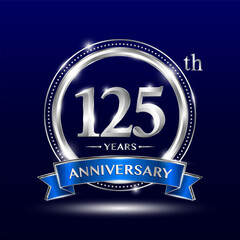 125th Anniversary logo with retro style, silver color ring design and blue ribbon for anniversary celebration event. Logo Vector Template