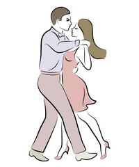Beautiful young couple. The girl and the guy are dancing. Creative art. Graphic image. Vector illustration.