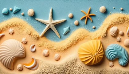Fototapeta na wymiar Summer travel background from beach sand with starfish and seashell. Top view