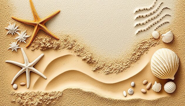 beach / sea themed banner or header with beautiful shells, corals and starfish on pure white sand - summer concept