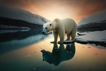 A polar bear in the Arctic surrounded by clouds and floating ice on water. Generative AI Illustration
