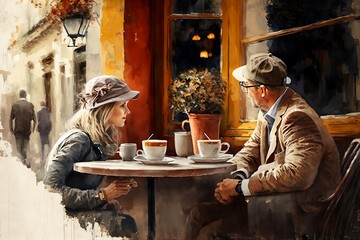 Old man and his daughter sipping coffee and chatting in an outdoor café