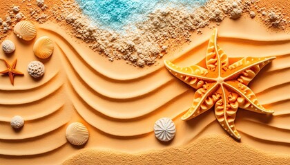 Fototapeta na wymiar Summer travel background from beach sand with starfish and seashell. Top view.